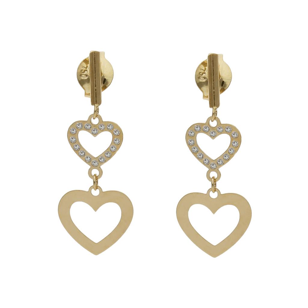 Pendientes oro 18 kt corazones circonitas - 8x22mm