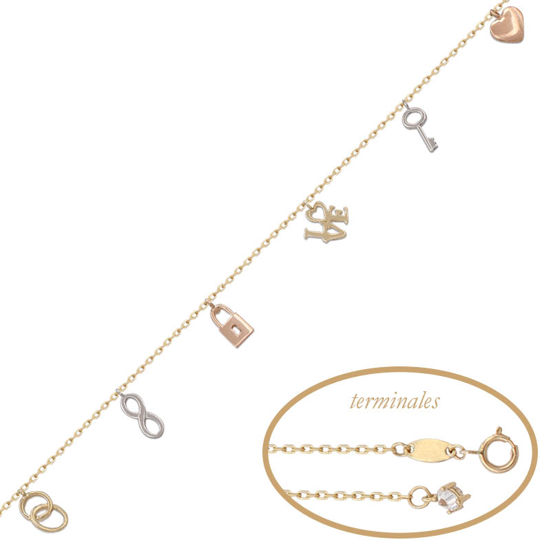Pulsera tricolor abalorios oro 18 kt