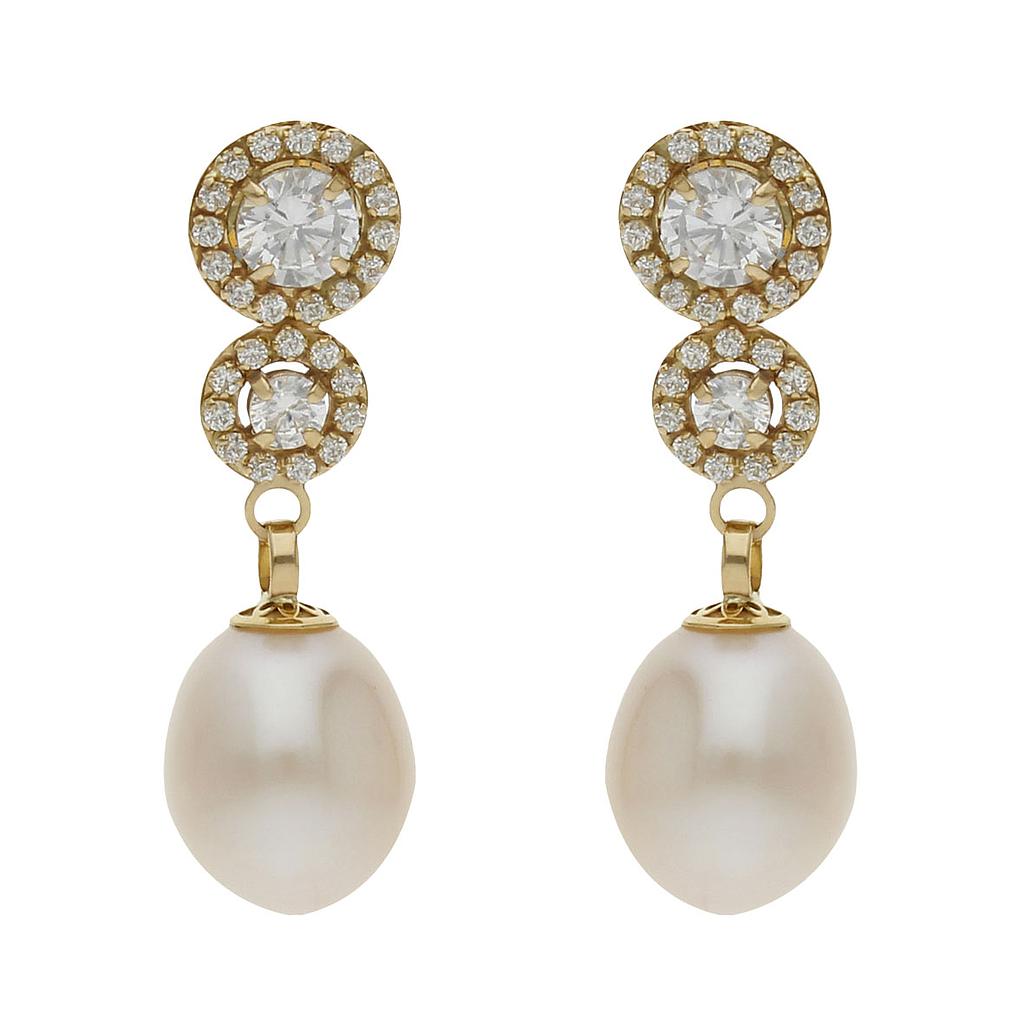 Pendientes oro 18 kt perlas cultivadas + circonitas - 8x26mm