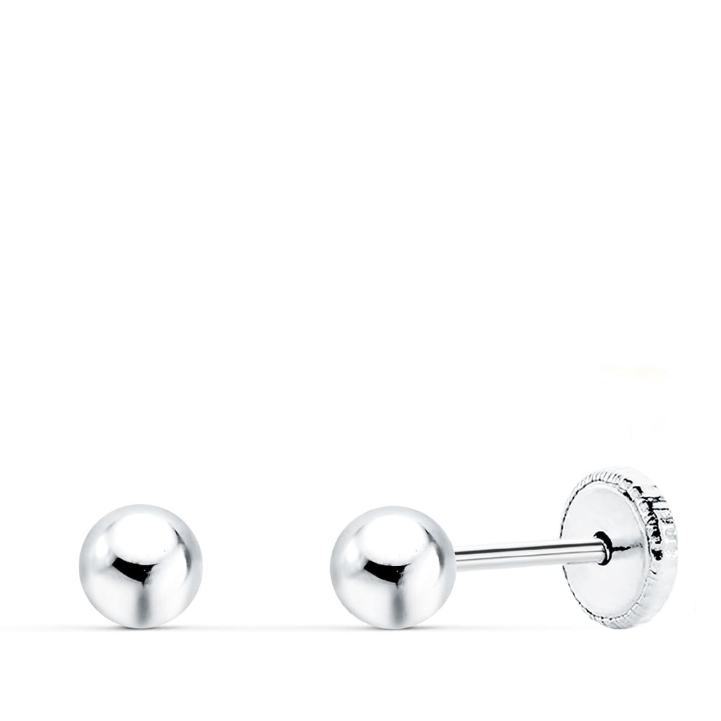18K PENDIENTES ORO BLANCO BOLA LISA 4 MM CIERRE ROSCA