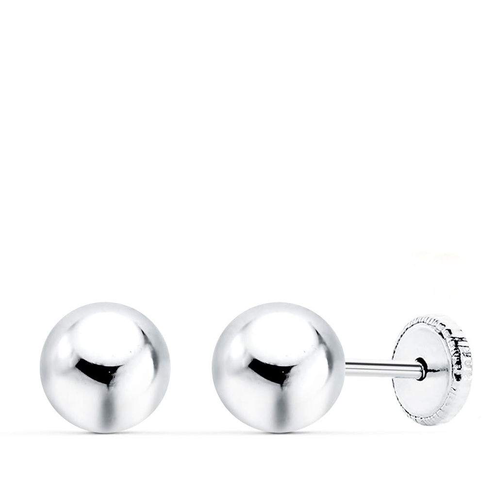 18K PENDIENTES ORO BLANCO BOLA LISA 6 MM CIERRE ROSCA