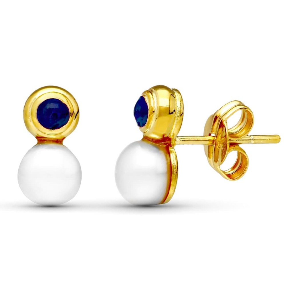 18K PENDIENTES ORO AMARILLO PERLA Y PIEDRA AZUL 10X5 MM