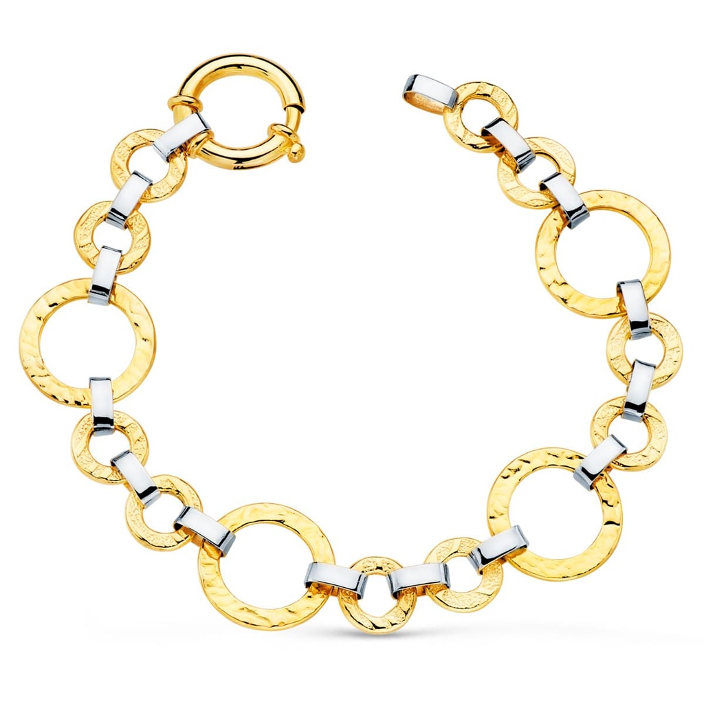 18K PULSERA ORO BICOLOR ESLABONES REDONDOS ANCHO 16 MM LARGO 20 CM