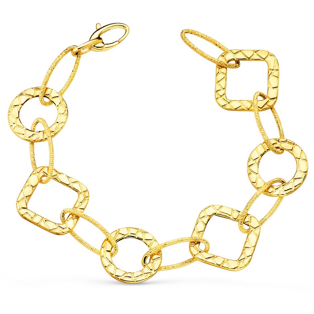 18K PULSERA ORO AMARILLO CIRCULOS Y ROMBOS ANCHO 18 MM LARGO 19.5 CM