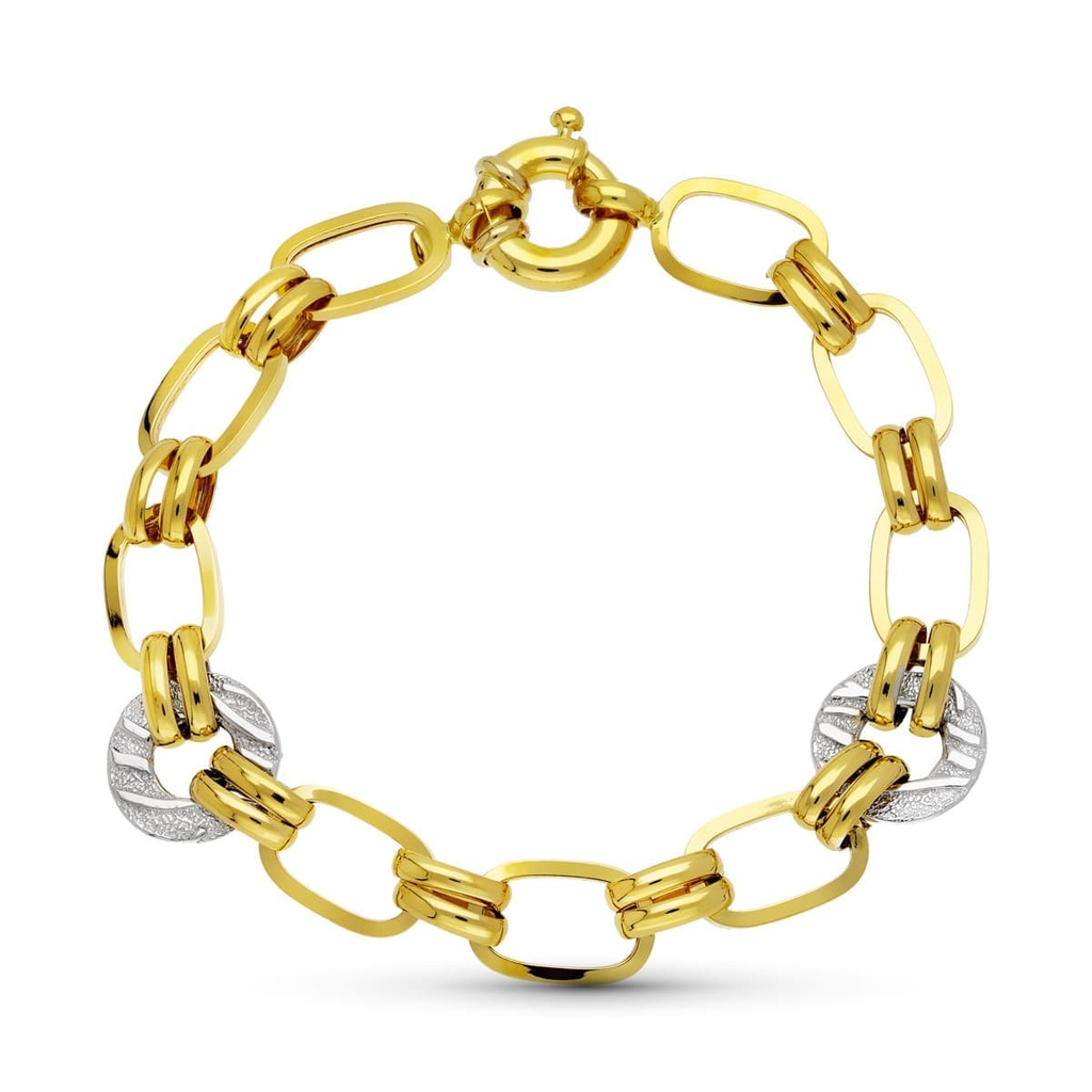 18K PULSERA ORO BICOLOR ESLABONES HUECA