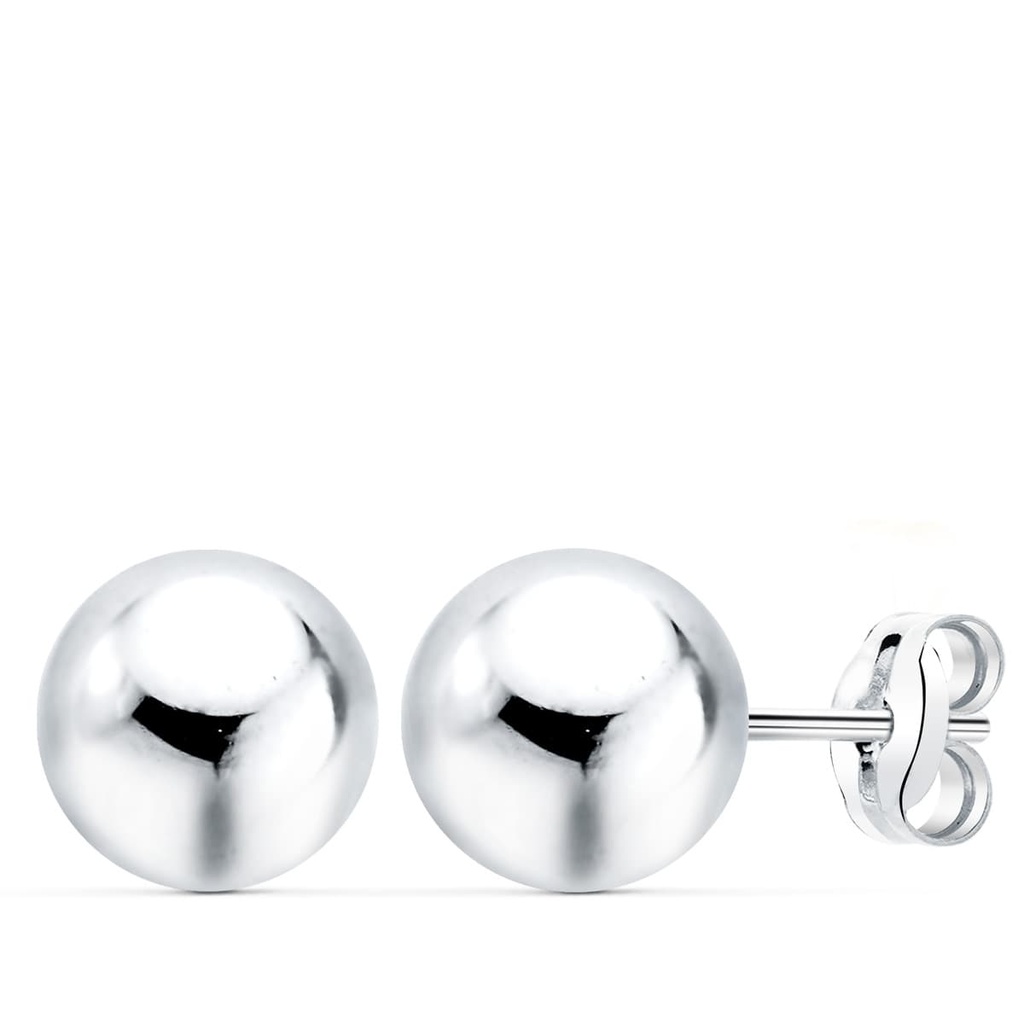 18K PENDIENTES ORO BLANCO BOLA LISA 8 MM CIERRE PRESION