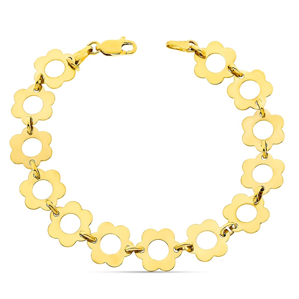 18K PULSERA ORO AMARILLO FLORES ANCHO 11 MM LARGO 19 CM