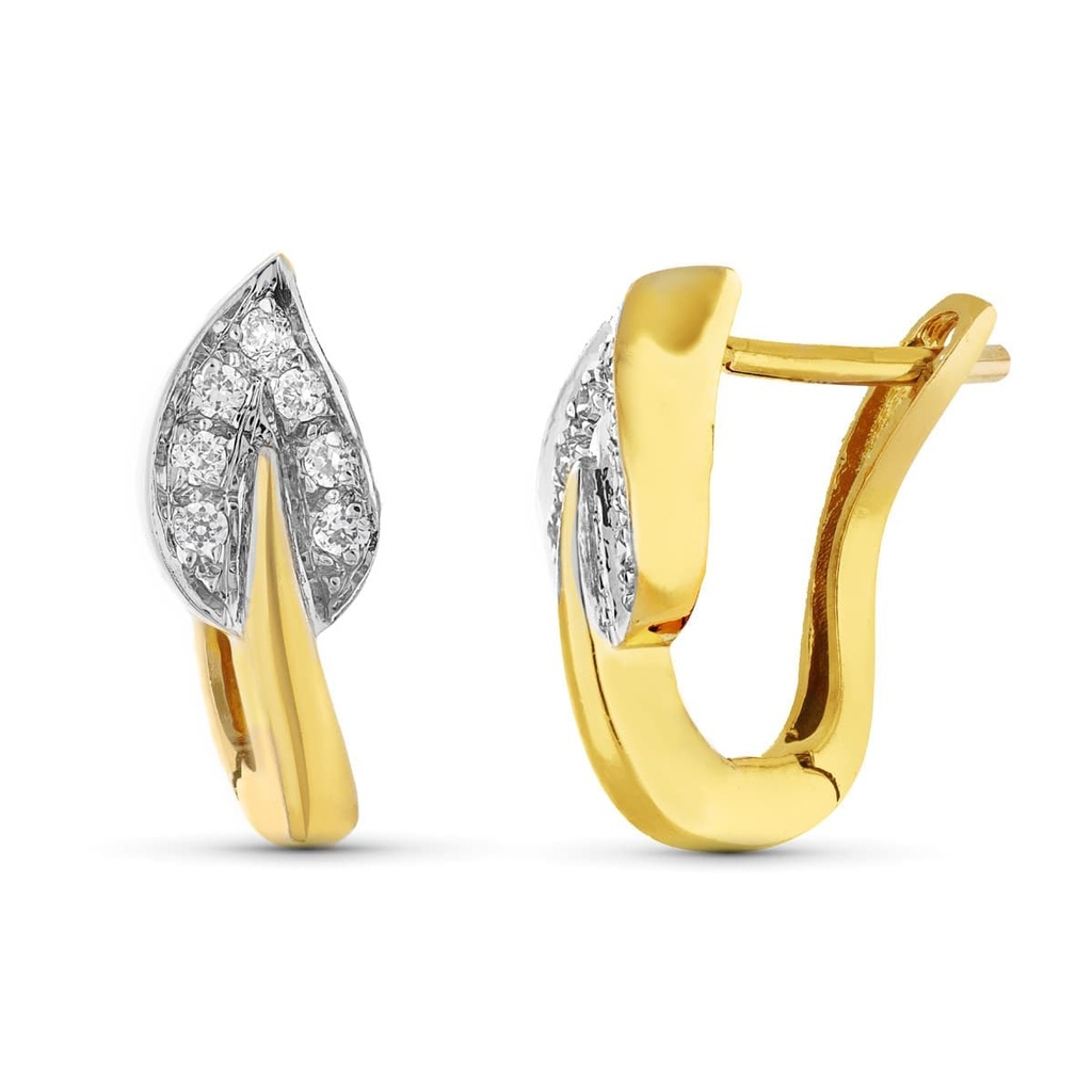 18K PENDIENTES BICOLOR CIRCONITAS HOJA Y CIRCONITAS