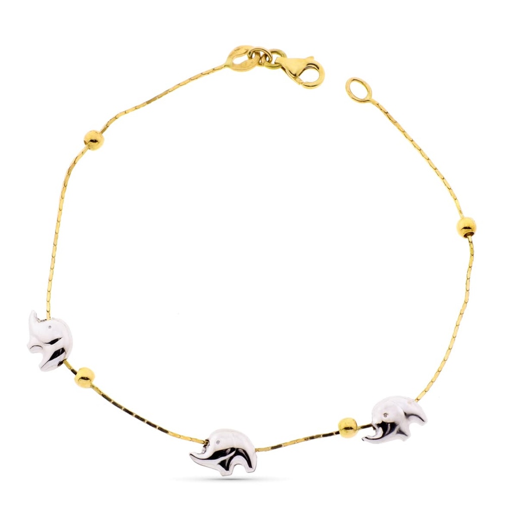 18K PULSERA ORO BICOLOR ELEFANTESY BOLAS LISAS.