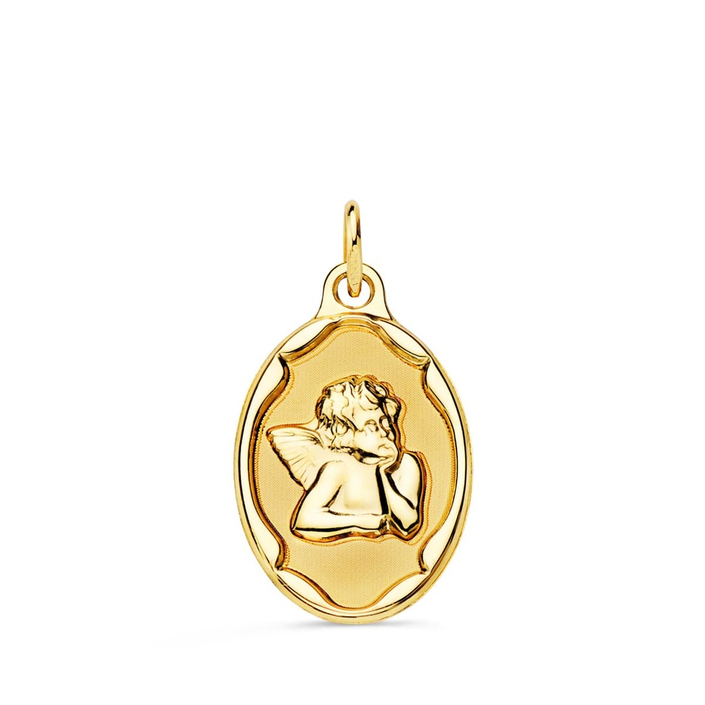18K MEDALLA OVAL ANGELITO BURLON BRILLO CON CERCO BRILLO 17X13 MM