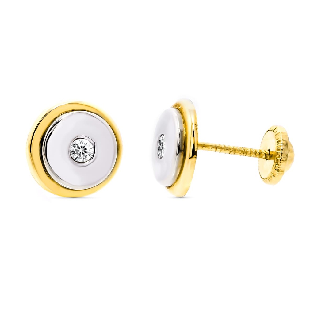 18K PENDIENTES ORO BICOLOR REDONDOS 8 MM CIERRE ROSCA