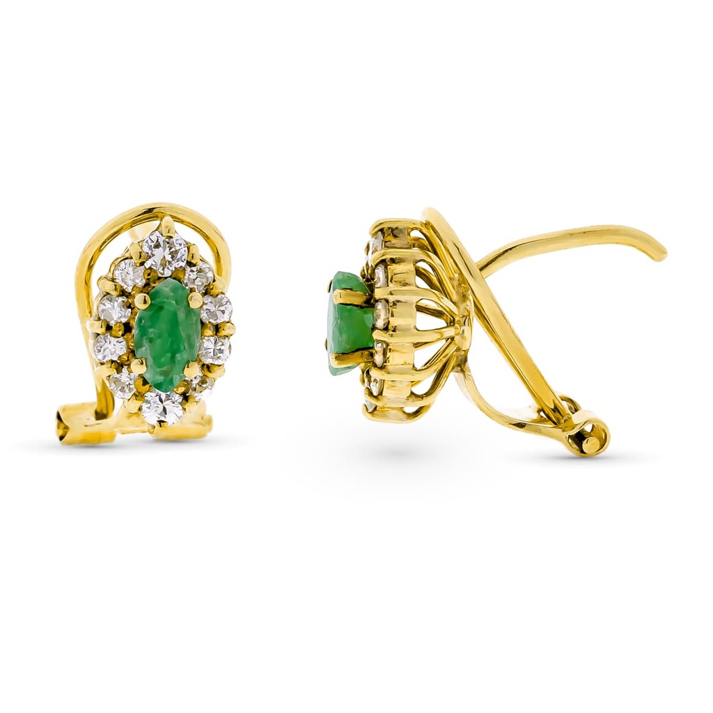 18K PENDIENTES ORO AMARILLO ORLA DIAMANTES TALLA BRILLANTE Y ESMERALDA 9X8 M