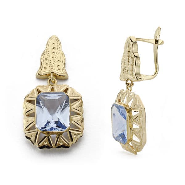18K PENDINETES CUBANAS 2 CUERPOS PIEDRA RECTANGULAR