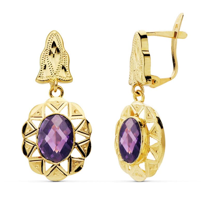 18K PENDIENTES CUBANAS PIEDRA OVAL 8X6 MM AMATISTA