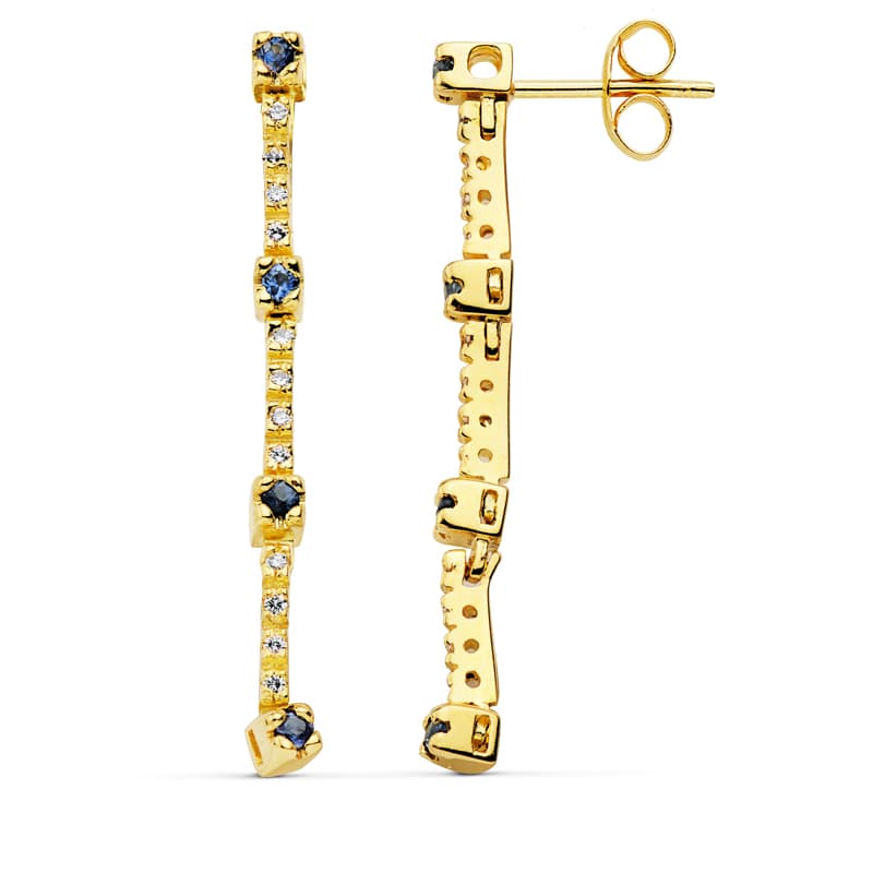 18K PENDIENTES LARGOS 16 CIRCONITAS Y ZAFIRO PRESION