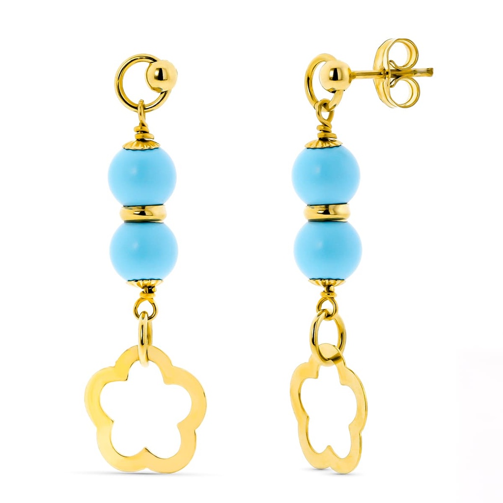 18K PENDIENTES ORO AMARILLO 2 BOLAS TURQUESA 6 MM FLOR