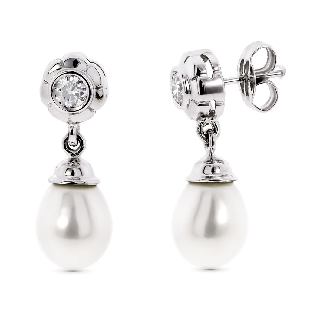 18K PENDIENTES ORO BLANCO PERLA CON CIRCONITAS CIERRE PRESION