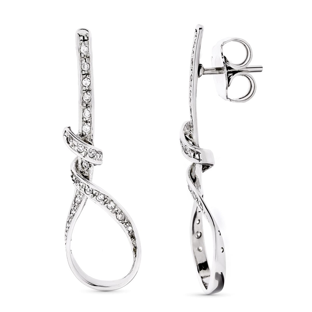18K PENDIENTES ORO BLANCO LARGOS NUDO CIRCONITAS 41X12 MM