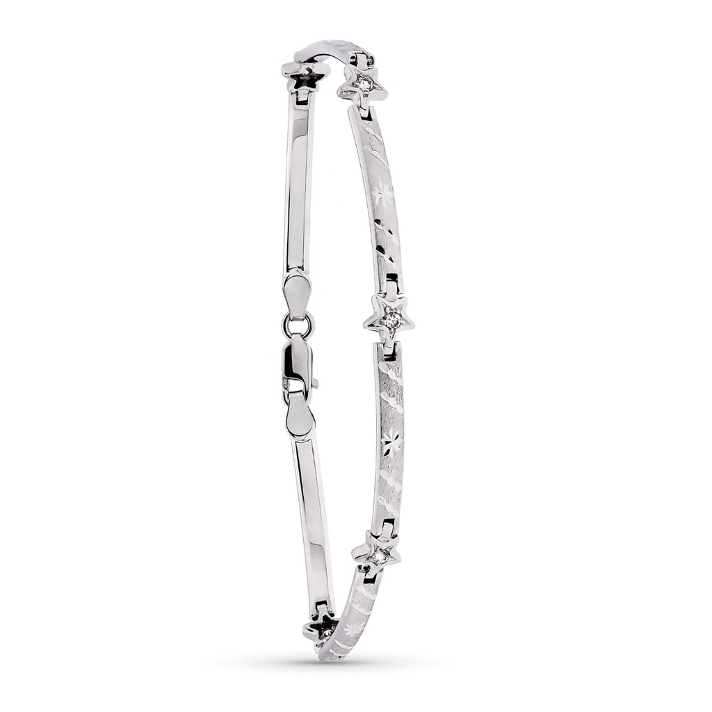 18K PULSERA ORO BLANCO MATE Y BRILLO BARRAS Y ESTRELLAS 19 CM