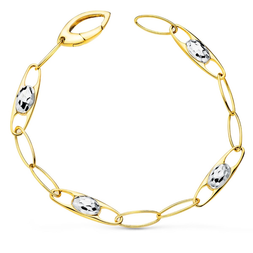 18K PULSERA ORO BICOLOR ESLABONES MOTIVOS TALLADOS. ANCHO 6 MM LARGO 19 CM