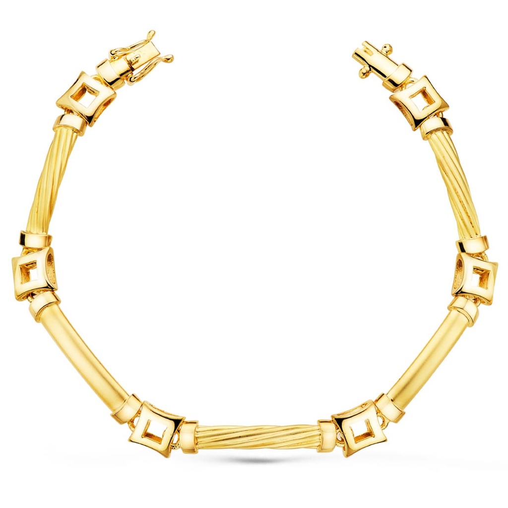 18K PULSERA ORO AMARILLO ESLABONES Y CUADRADOS ANCHO 8 MM LARGO 20 CM