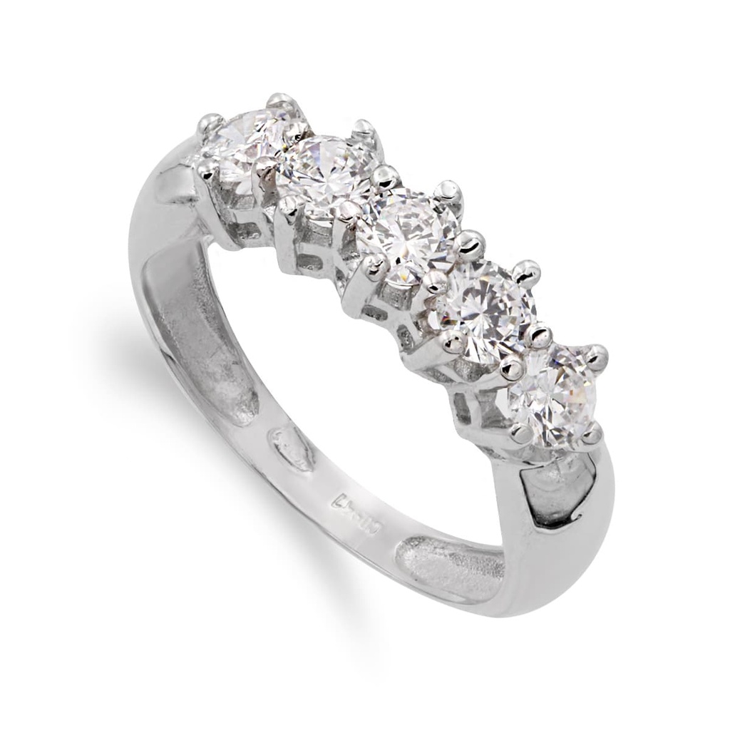 18K SORTIJA ORO BLANCO CINCO CIRCONITAS GARRAS ANCHO MOTIVO 5 MM