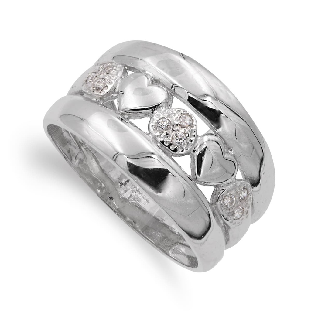 18K SORTIJA ORO BLANCO CORAZONES Y CIRCONITAS 12 MM