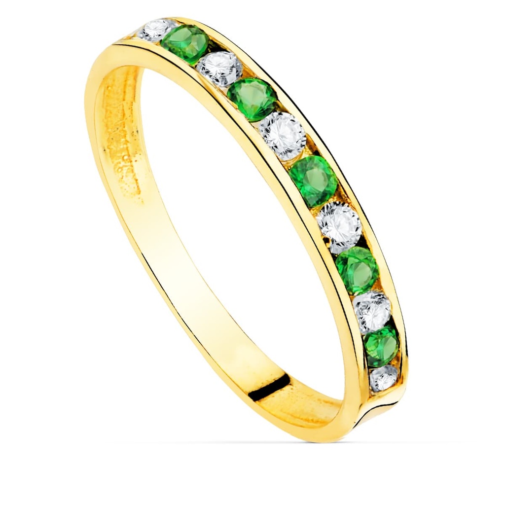 18K SORTIJA ORO AMARILLO CIRCONITAS VERDES Y BLANCAS. ANCHO CUERPO 2.5 MM