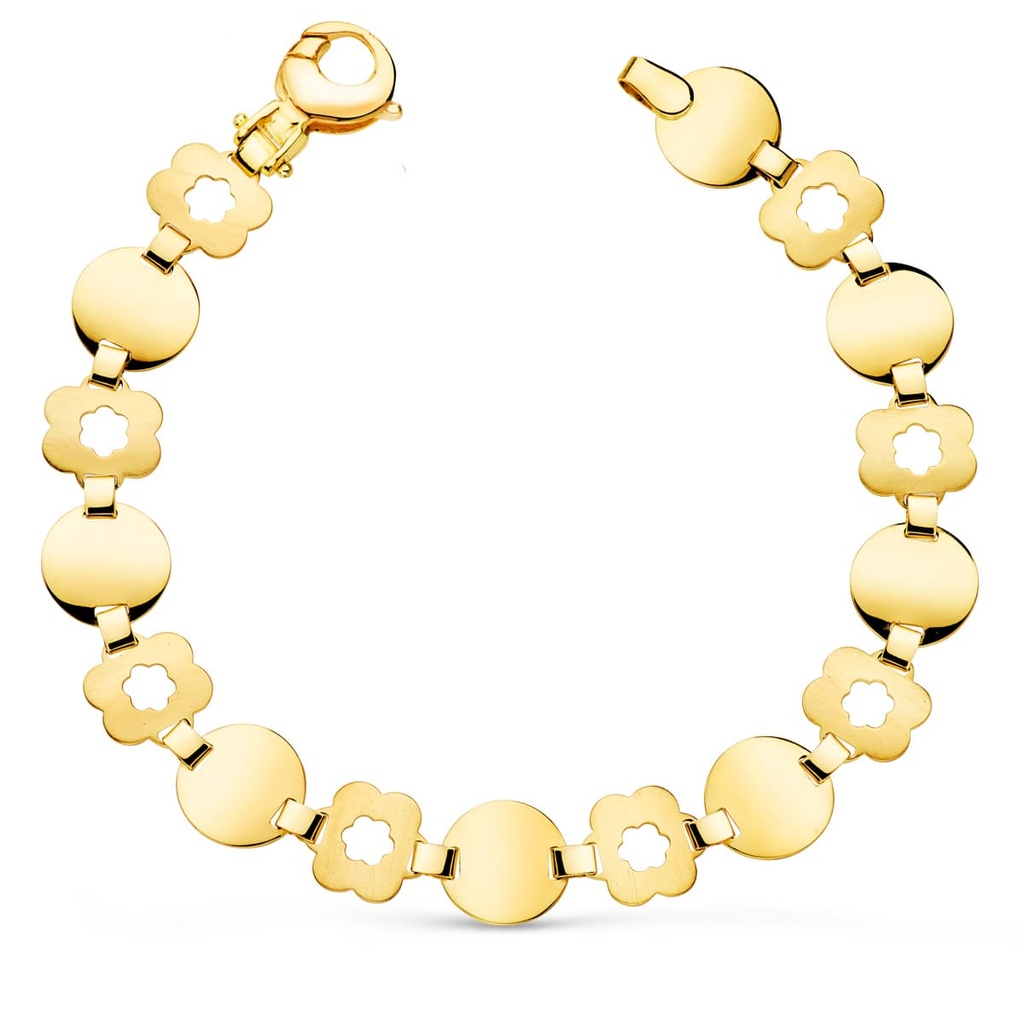 18K PULSERA ORO AMARILLO ESLABON REDONDO Y FLOR MATE ANCHO 10 MM LARGO 19.5CM