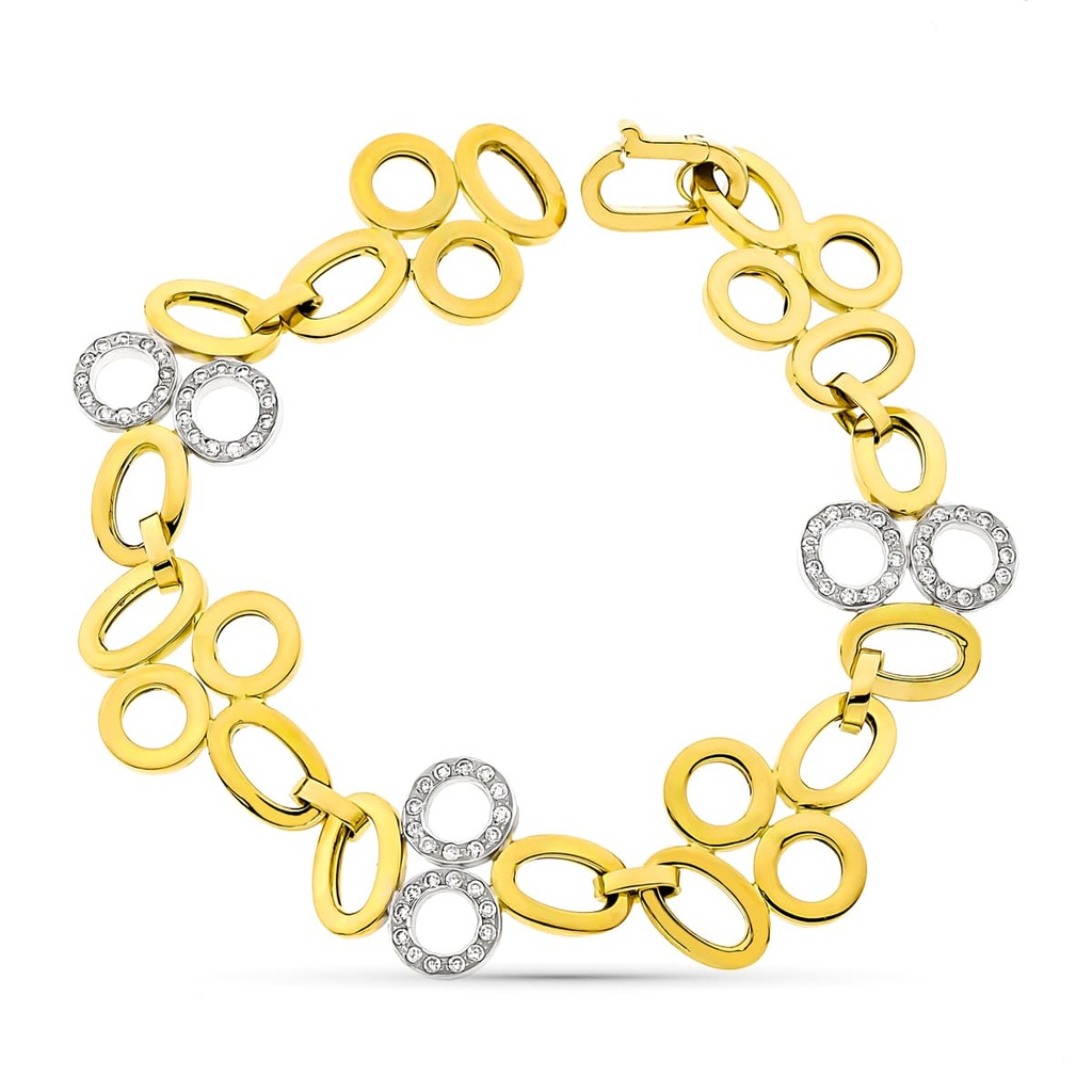 18K PULSERA ORO BICOLOR ESLABONES OVALES CIRCONITAS ANCHO 17 MM LARGO 19 CM