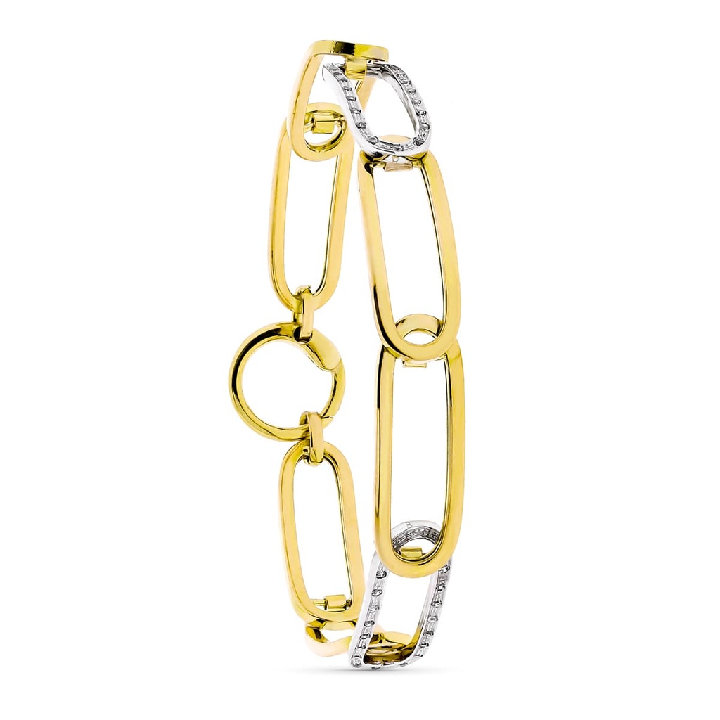 18K PULSERA ESLABONES CALADOS BICOLOR CIRCONITAS ANCHO 9 MM LARGO 20 CM