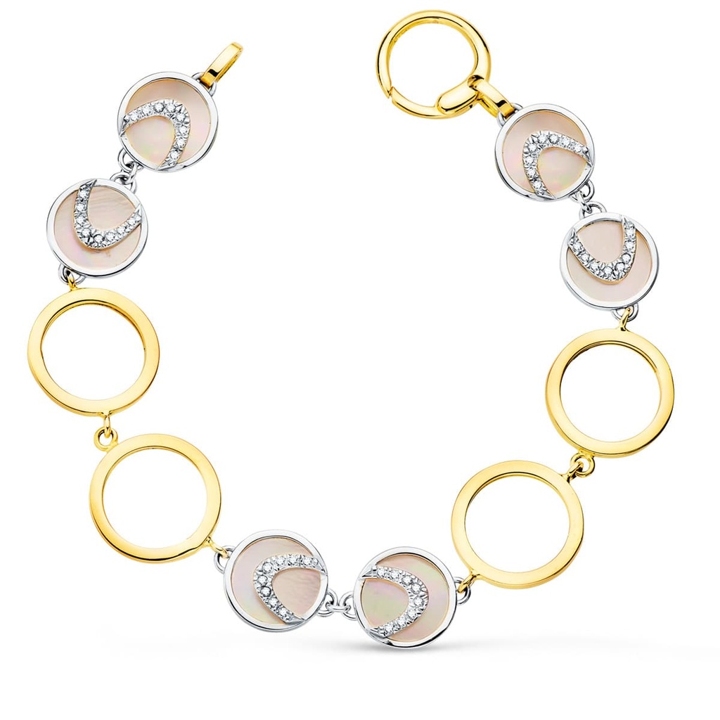 18K PULSERA ORO BICOLOR CIRCULOS CALADOS 16 MM Y NACAR ROSA 20 CM