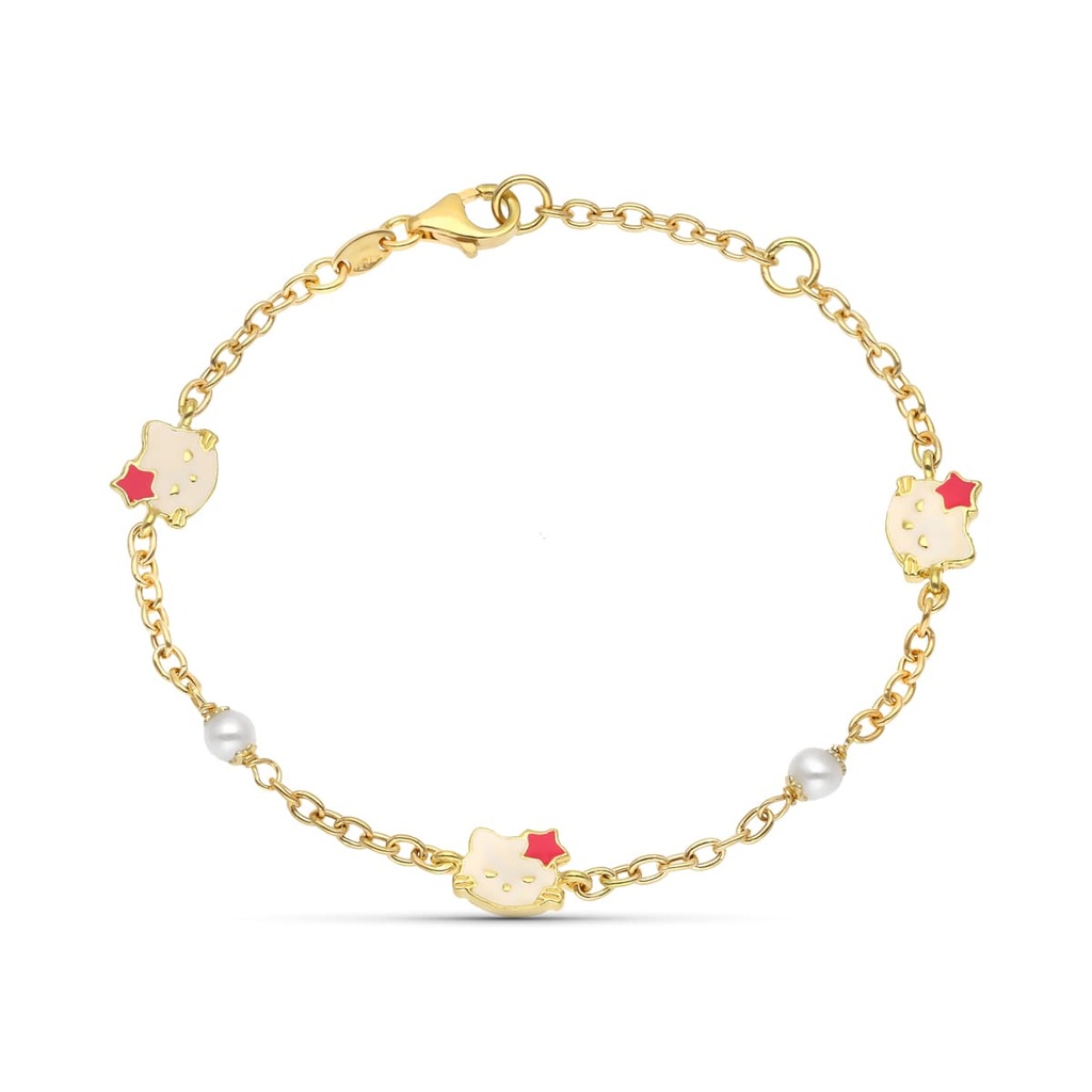 18K PULSERA ORO AMARILLO PERLA Y ESMALTE GATO 18 CM