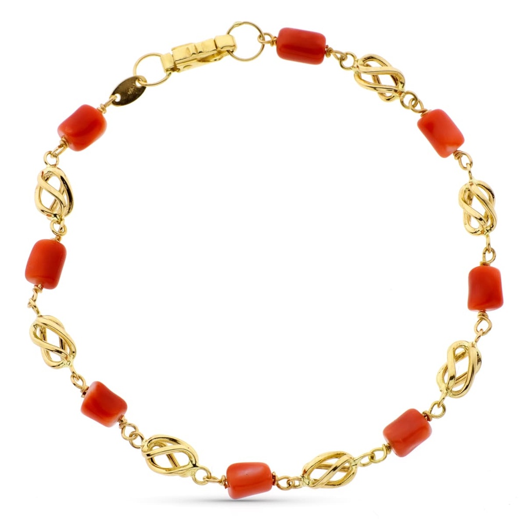 18K PULSERA ORO AMARILLO CON JAULAS Y CORAL FINO JAPONES 19 CM