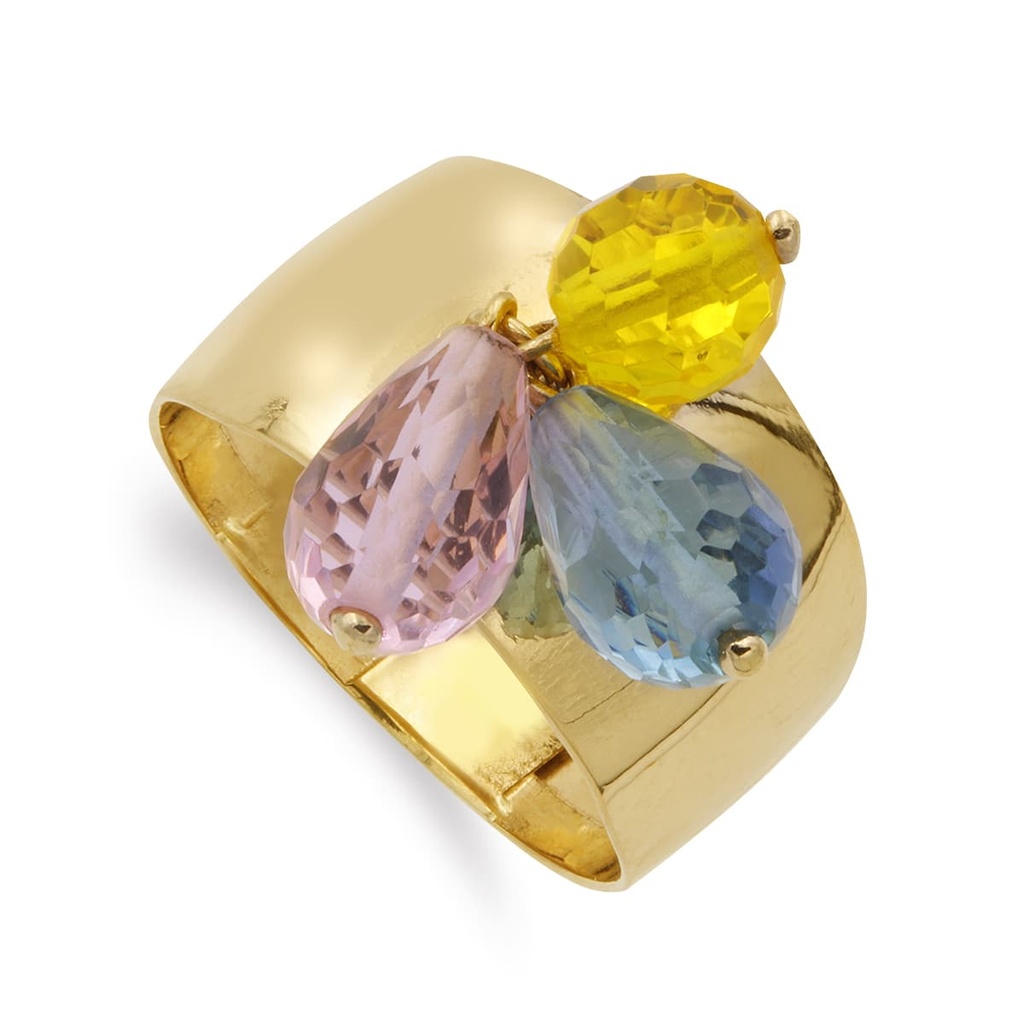 18K SORTIJA ORO AMARILLO TRES PIEDRAS DE COLORRES. ANCHO CUERPO 11 MM