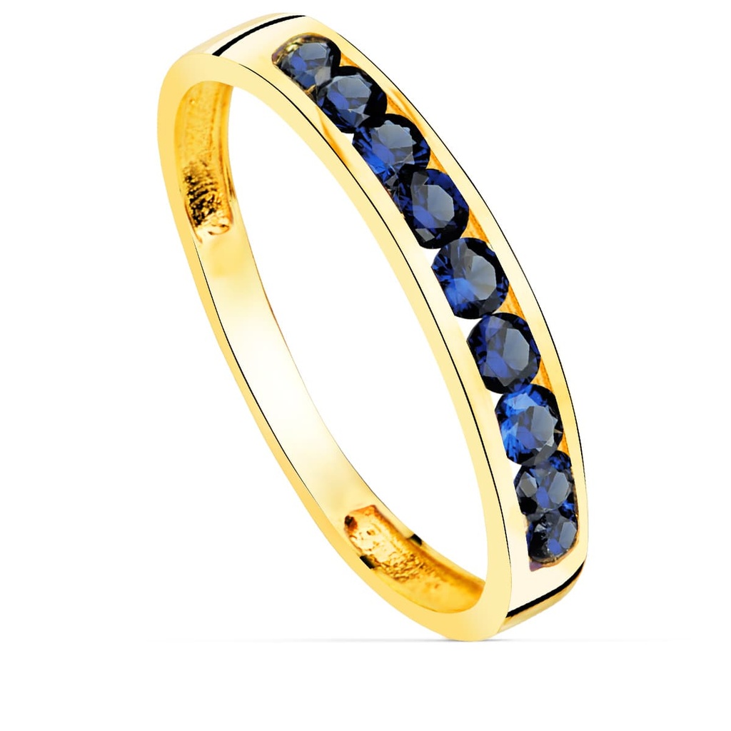 18K SORTIJA ORO AMARILLO 9 CIRCONITAS AZULES. ANCHO CUERPO 3.5 MM