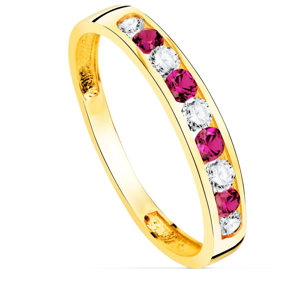 18K SORTIJA ORO AMARILLO 9 CIRCONITAS BLANCAS Y ROJAS. ANCHO CUERPO 3.5 MM