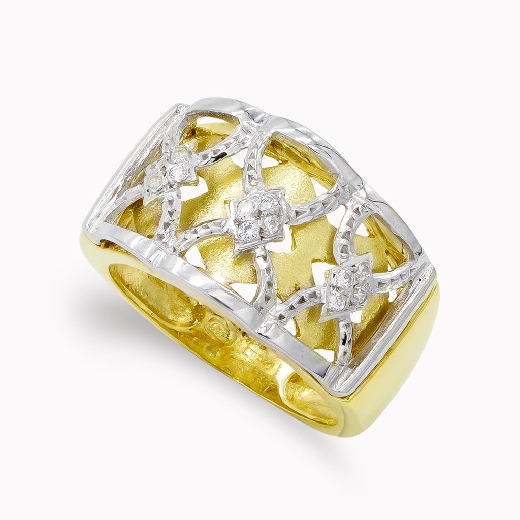 18K SORTIJA ORO BICOLOR CALADA Y CIRCONITAS