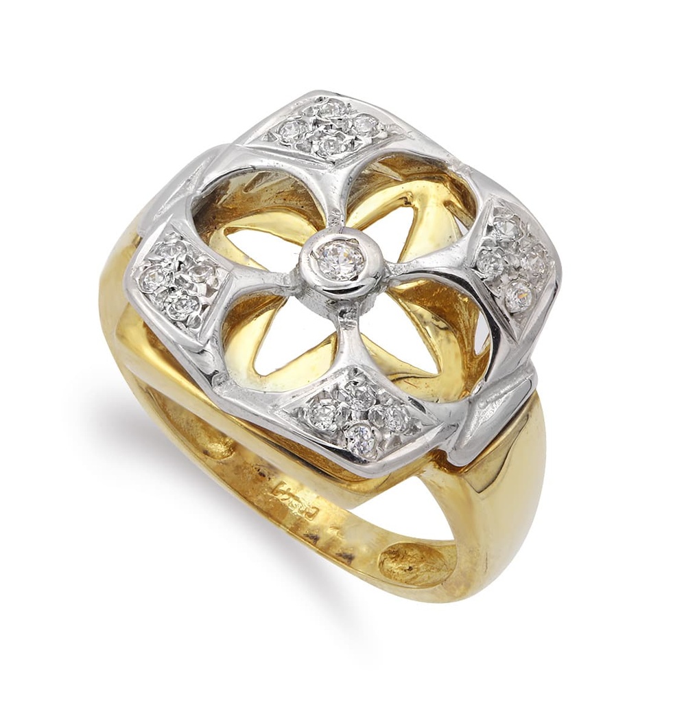 18K SORTIJA ORO BICOLOR DETALLE FLOR CON CIRCONITAS