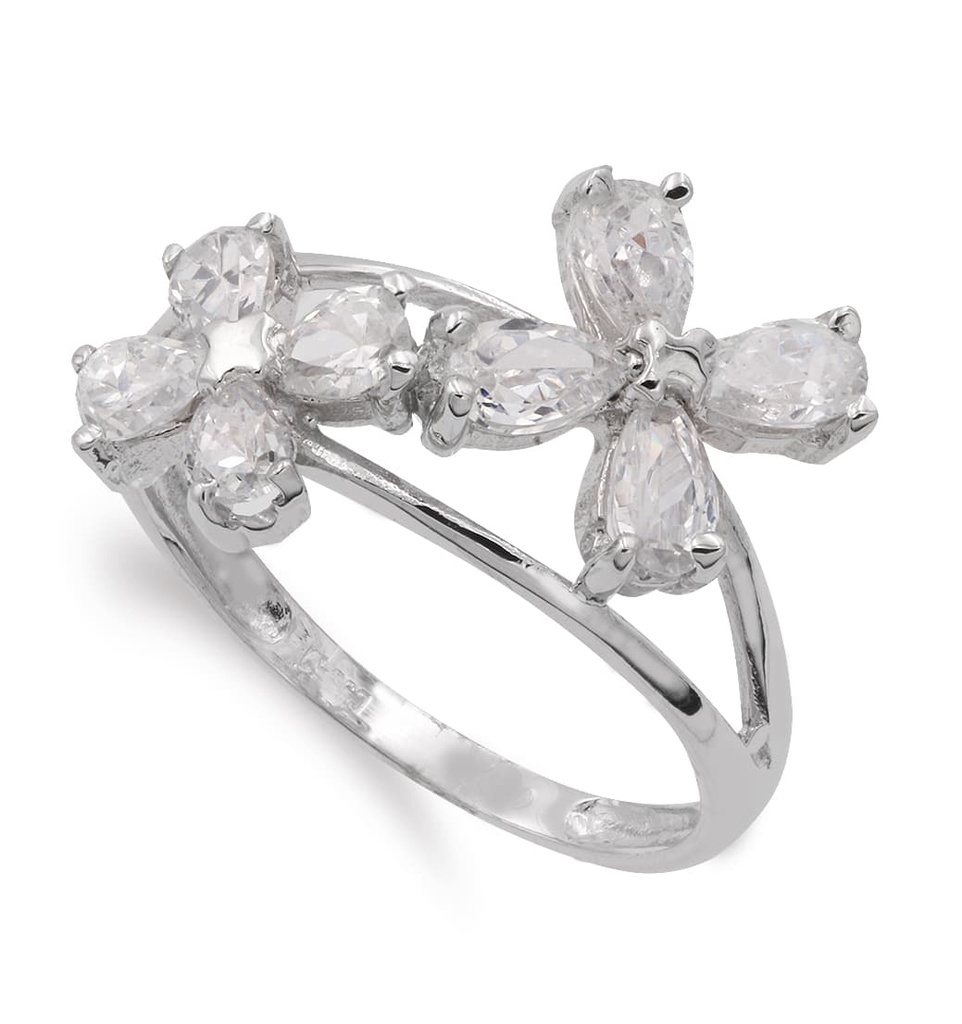 18K SORTIJA ORO BLANCO CON FLORES DE CIRCONITAS ANCHO 13 MM