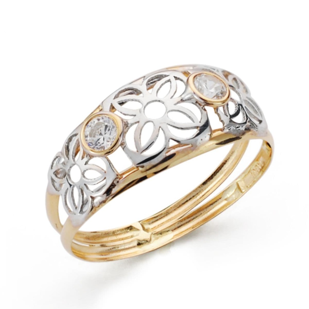 18K SORTIJA ORO BICOLOR FLORES CALADAS Y CIRCONITAS ANCHO CUERPO 8 MM