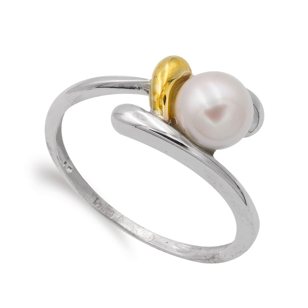 18K SORTIJA ORO BICOLOR PERLA 6.5 MM CUERPO 1 MM