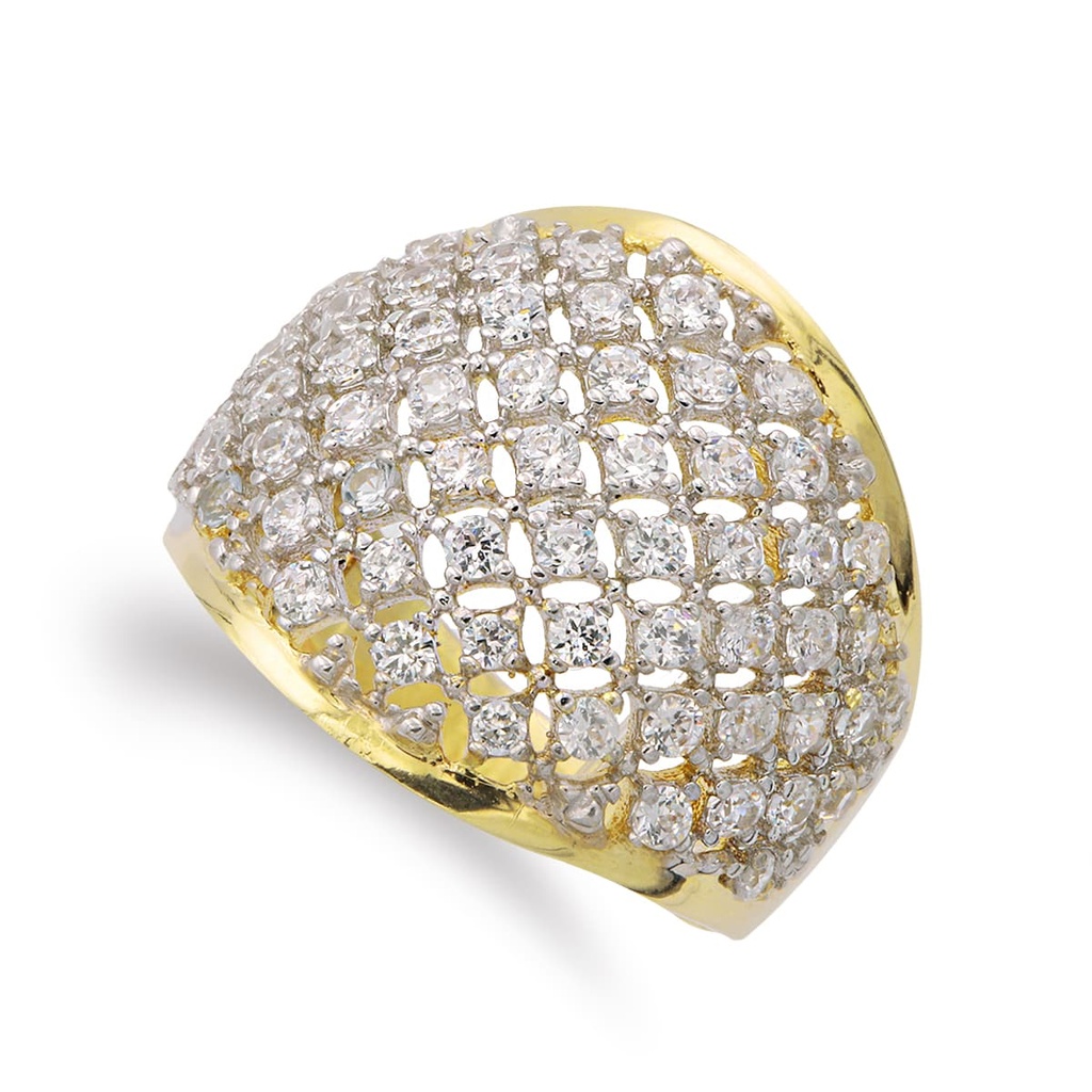 18K SORTIJA ORO BICOLOR ANCHA CON ROMBOS Y CIRCONITAS ANCHO 19 MM