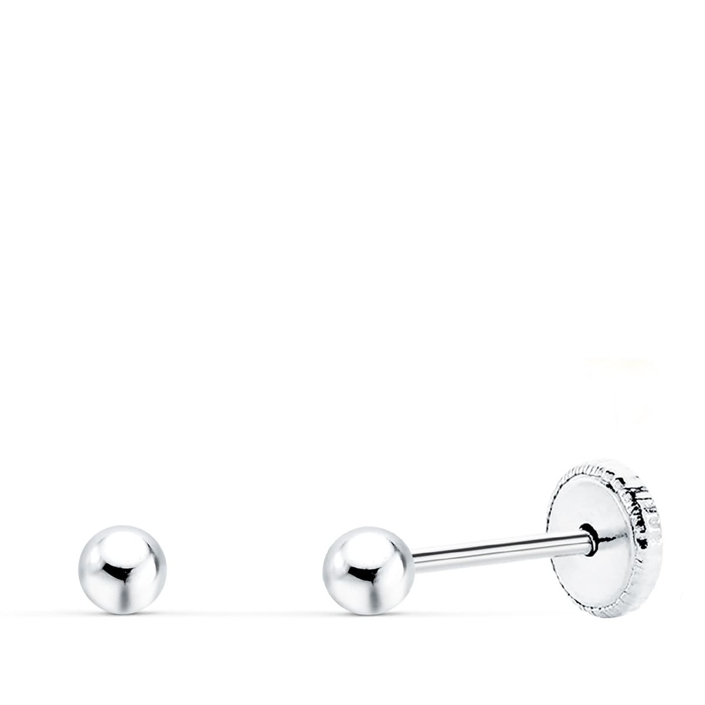 18K PENDIENTES ORO BLANCO BOLA LISA 3 MM CIERRE ROSCA