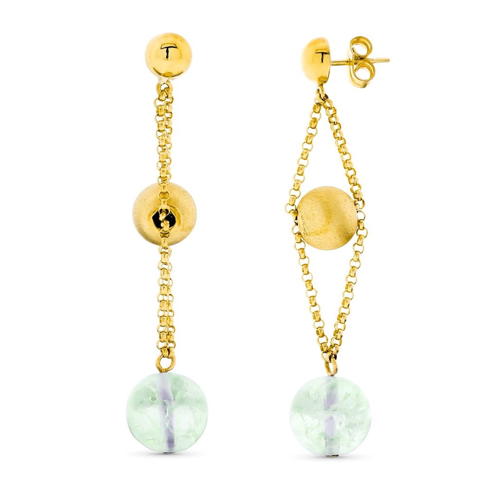 18K PENDIENTES ORO AMARILLO BOLA ORO 8 MM VERDE 10 MM