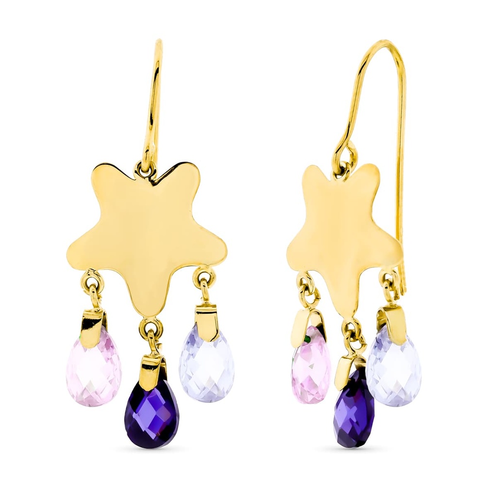 18K PENDIENTES ORO AMARILLO LARGOS PIEDRA COLOR ESTRELLA GANCHO