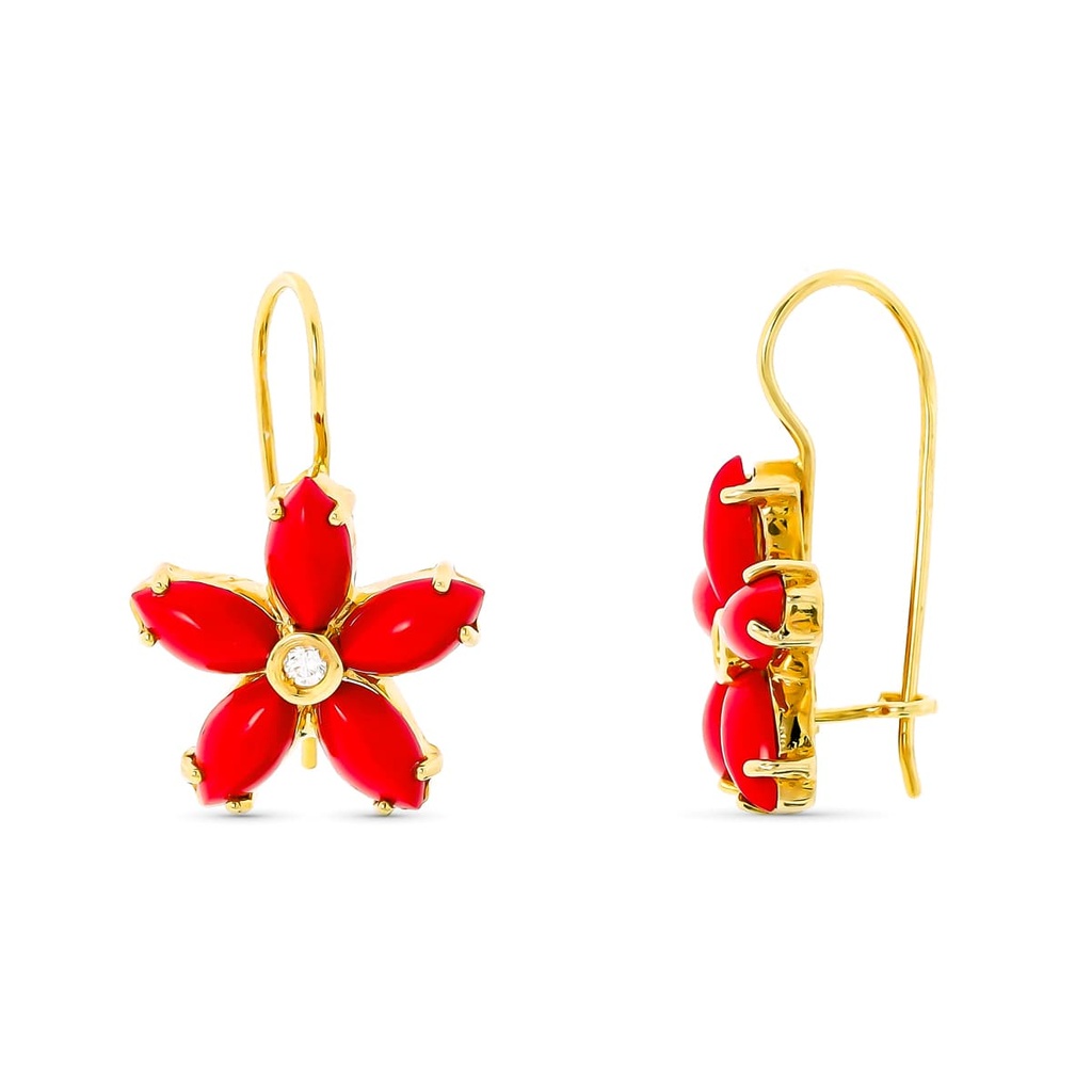 18K PENDIENTES ORO AMARILLO LARGOS FLOR CORALES 6X3 MM CIRCONITA