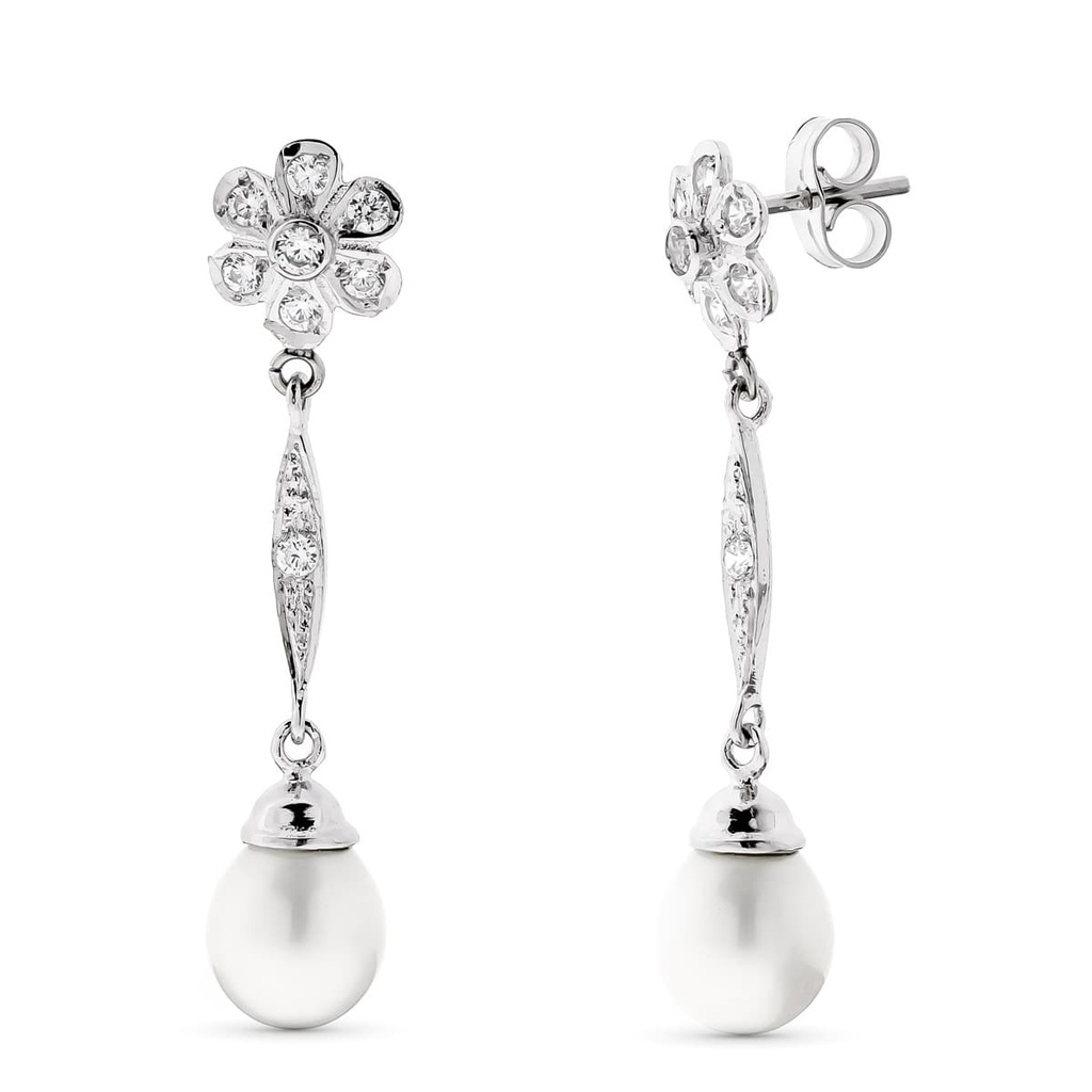 18K PENDIENTES PERLA Y FLOR ORO BLANCO