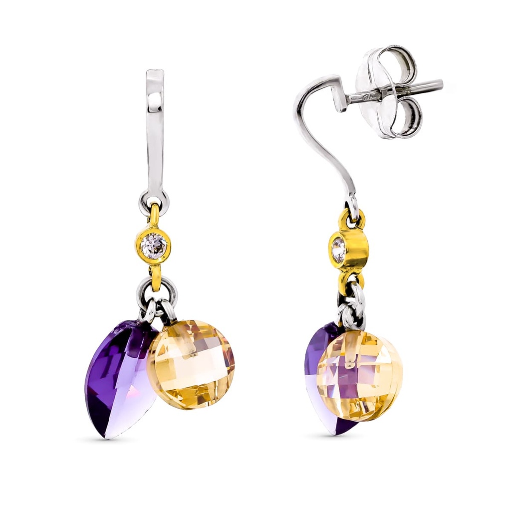 18K PENDIENTES ORO BICOLOR PIEDRAS AMATISTA Y KUNCITA