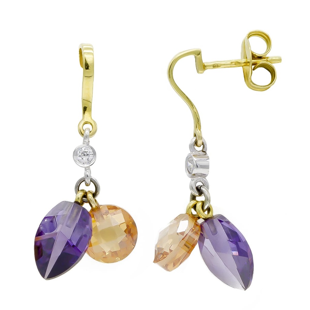 18K PENDIENTES ORO BICOLOR AMATISTA Y TOPACIO
